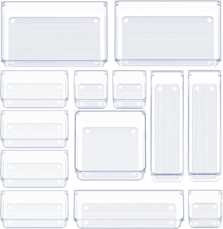 Photo 1 of 13 Pcs Drawer Organizer Set Clear Plastic Storage Bins Office Desk Drawer Dividers Trays with Non-Slip Silicone Pads, Dresser Separation Box for Makeup, Jewelries and Gadgets, Bedroom, Bathroom
