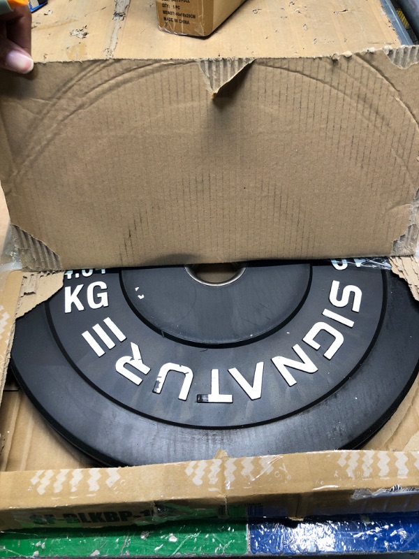 Photo 3 of *** MISSING PARTS***
Signature Fitness 2" Olympic Bumper Plate Weight Plates with Steel Hub, Pairs, Singles or Sets Black, Updated Set: 160 lbs****USED***2 10LBS WEIGHTS**** 