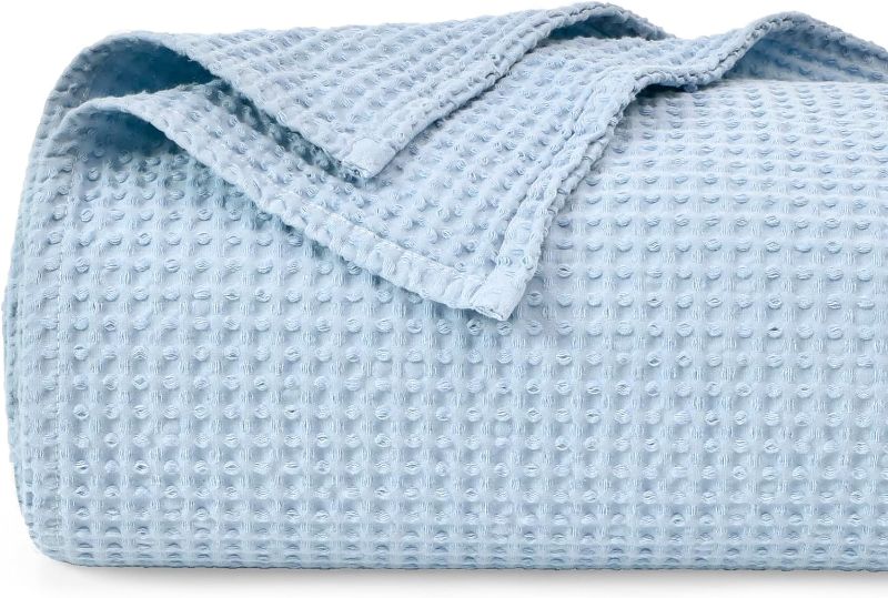 Photo 1 of 100% Cotton Waffle Weave Bed Blanket | Soft, Breathable, and Lightweight Blanket for All-Season | Perfect for Layering | Brielle Collection (Full/Queen, Icy Blue) 