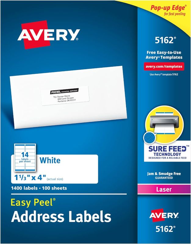 Photo 1 of Avery Easy Peel Printable Address Labels with Sure Feed, 1-1/3" x 4", White, 1,400 Blank Mailing Labels for Laser Printers (5129)