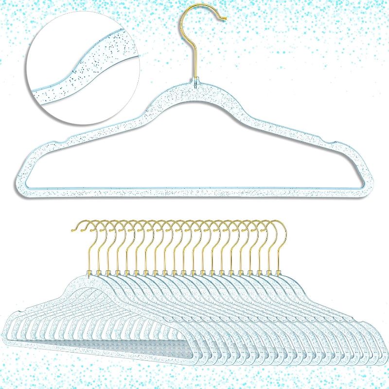 Photo 1 of 50 Pcs Clear Acrylic Hangers Plastic Glitter Coat Hanger Durable Nonslip Suit Heavy Duty Clothes Hangers Lightweight and Space Saving Hangers for Closet Organization (Blue)
