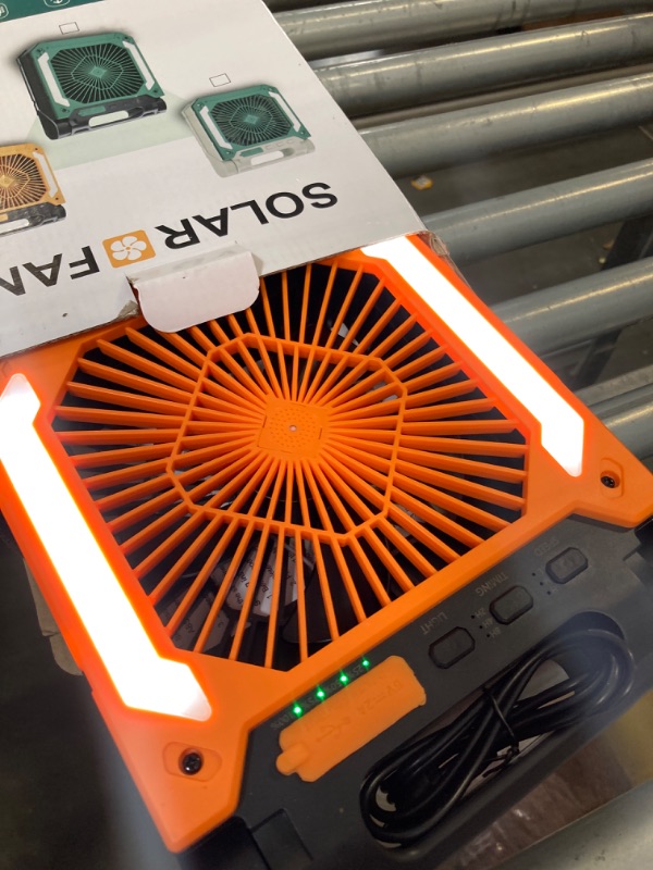 Photo 1 of 20000mAh Solar Battery Operated Fan for Camping, 3 Speeds Folding Timable Rechargeable Desk Fan with LED & SOS Strobe Light, Hangable USB Charger Port Camping Fan Power Bank for Home Office Travel Orange 20000mAh