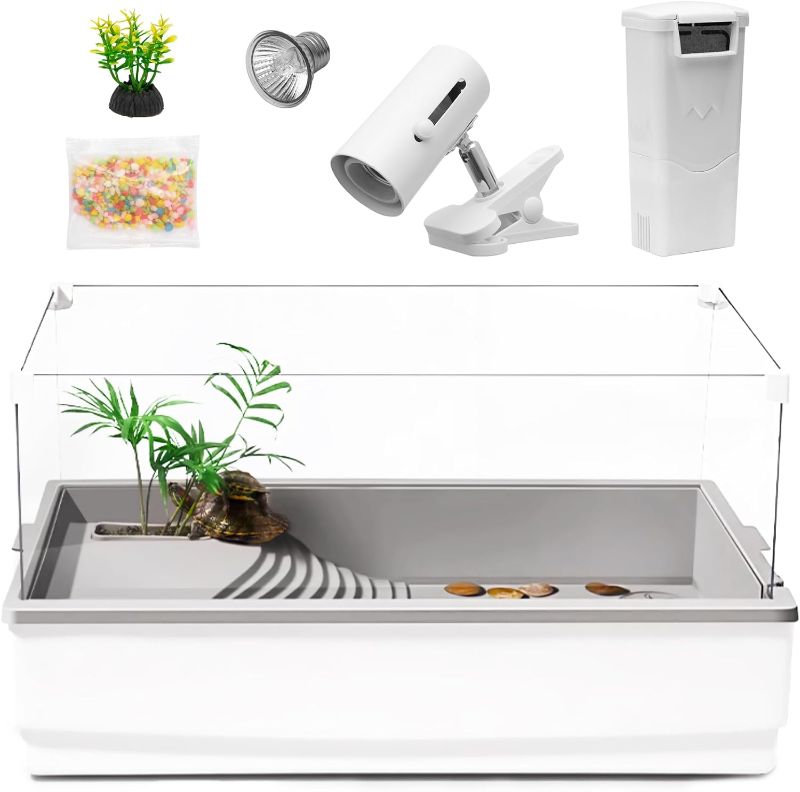 Photo 1 of *** SELLING AS PARTS NO RETURN AS IS***Turtle Tank Aquarium, Reptile Tank Habitat Kit, Acrylic Turtle Tank Starter Kit with Multi-Function Area, Water Filter, UV Basking Platform Light for Turtles, Cray, Fish, Small Reptiles
