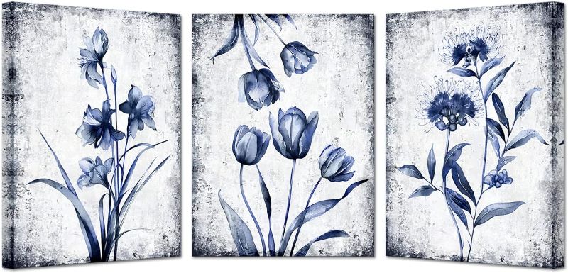 Photo 1 of ***USED** KREATIVE ARTS 3 Pieces Canvas Wall Art Navy Blue and Grey Flower Painting Art Prints Vintage Floral Picture Artwork Modern Bedroom Bathroom Wall Decor Framed Ready to Hang Each Panel 12x16 Inches
