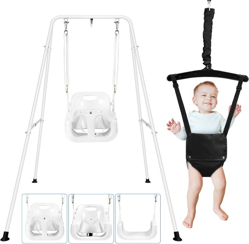 Photo 1 of 4-in-1 Baby Toddler Swing, Baby Jumpers and Bouncers,Toddler Swing for Outdoor/Indoor Play, Easy Assembly Baby Swing Set, with a Foldable Metal Stand for Easy Storage
