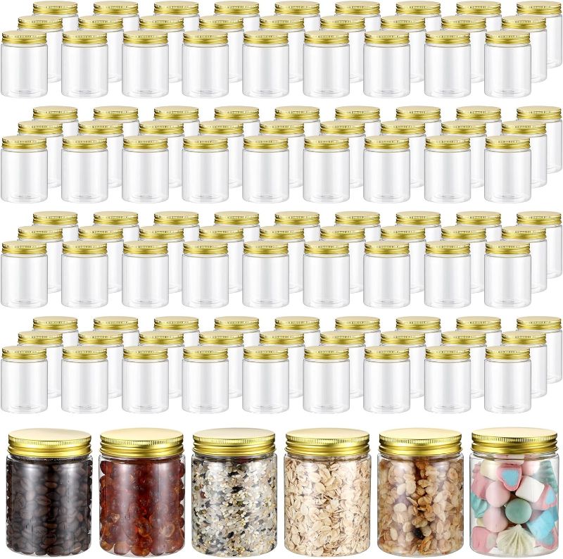 Photo 1 of 100 Pcs 8 oz Clear Plastic Jars Empty Plastic Storage Containers Refillable Plastic Mason Jars with Metal Golden Lids Transparent Round Canning Jars for Spice Dry Food Honey Herb Kitchen
