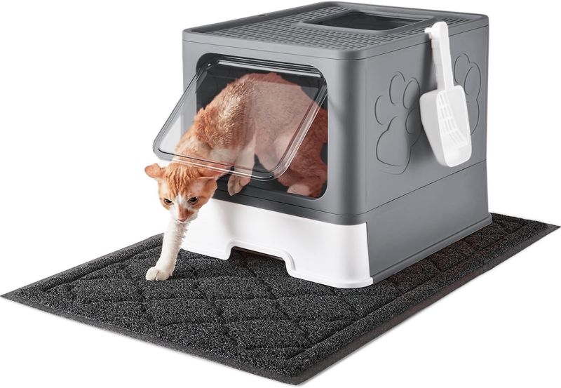 Photo 1 of \Cat Litter Box with X-Large Litter Mat and Scoop, Large Foldable Litter Box with Lid, Front Top Entry Exit Kitty Litter Box, Odor Control Easy Clean (Upgrade Dark Grey)