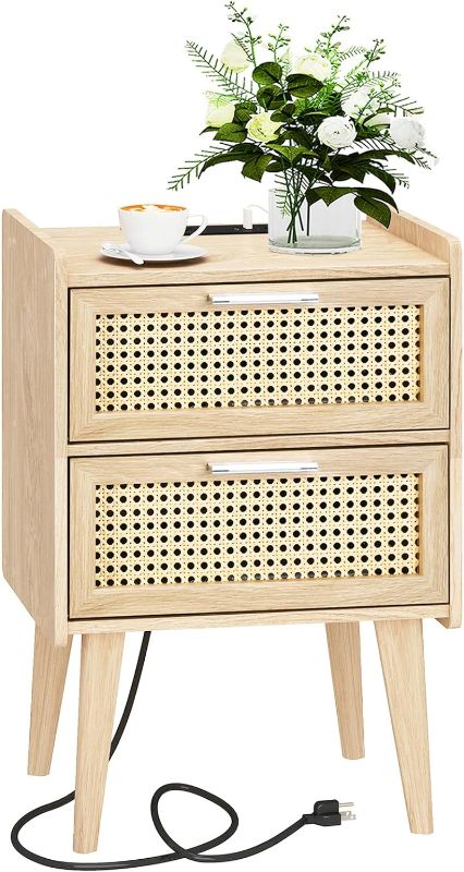 Photo 1 of ****USED*** Rattan Nightstand with Charging Station & 2 Rattan-Like Decor Drawers,Small End Table with Solid Wood Feet for Small Bedroom, Living Room, TTBZ02YE