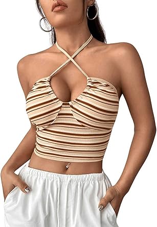 Photo 1 of ** same brand, similar to image**
M SweatyRocks Women's Striped Tie Backless Halter Top Sleeveless Knitted Crop Cami Tank 