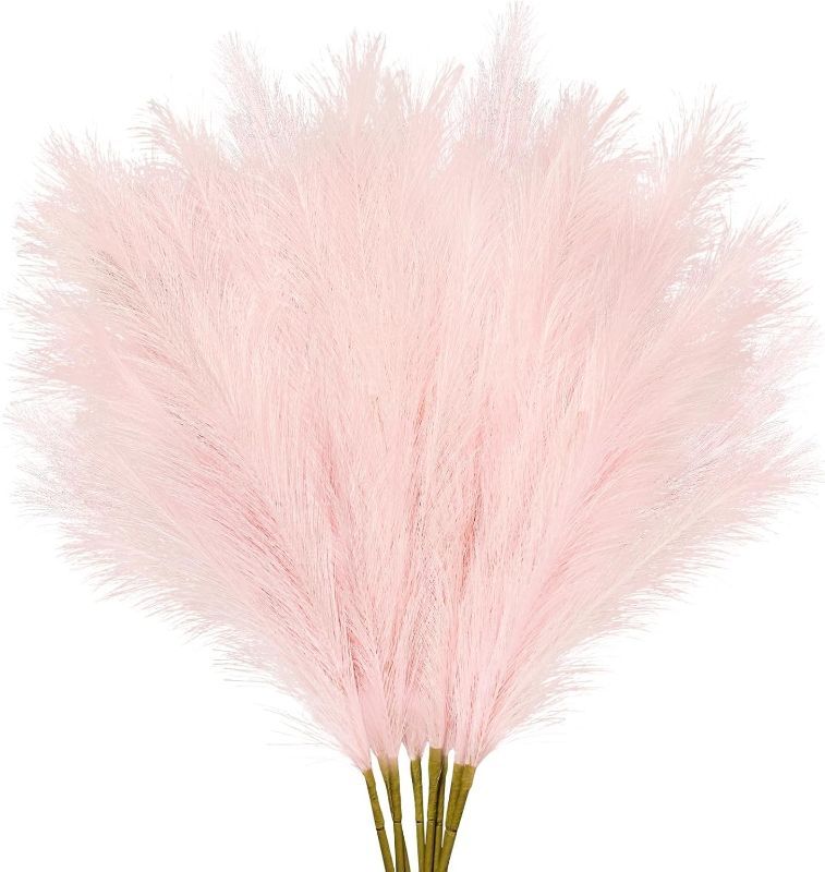 Photo 1 of  obbsie 35" Pink Faux Pampas Grass Decor, 8pcs Large Tall Fluffy Artificial Pompous Grass Branches Floral Fake Pompas Grass Bulrush Floor Vase Filler Flower Arrangement for Home Wedding Boho Decor 