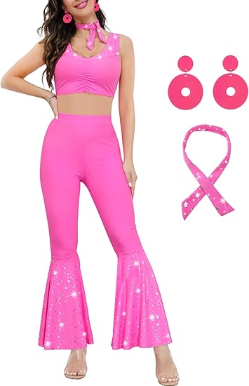 Photo 1 of ****USED**** 70s Pink Outfits Flared Pants for Women 80s Hippie Disco Costumes Halloween Cosplay Earrings Accessories