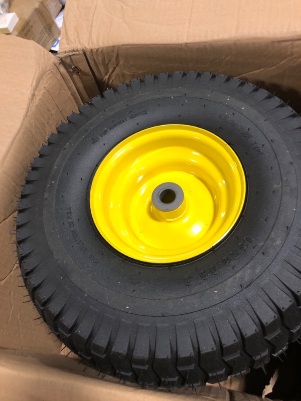 Photo 1 of (2 Pack) AR-PRO Exact Replacement 15" x 6.00-6" Front Tire and Wheel Assemblies for John Deere Riding Mowers - Compatible with John Deere 100 and D100 Series - 3” Centered Hub and 3/4” Bushings