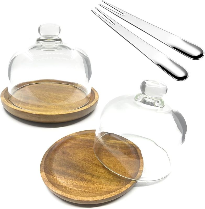 Photo 1 of 2 Pack Mini Small Wooden Base Cake Display Stand with Glass Dome,Cloche Clear Glass Bell Jar Cover for Dessert Cheese Candy Plants Succulents (4.1 x 3.7 inch)
