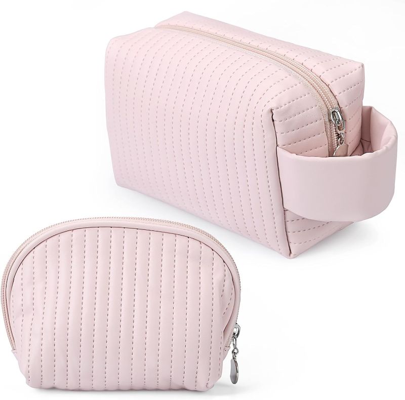 Photo 1 of 2 Piece Small Makeup Bag for Purse, Small Cosmetic Bags for Women, PU Leather Waterproof Mini Make Up Bag Travel Essentials for Women, Portable Small Makeup Pouch Cute Cosmetic Pouch (Pink)