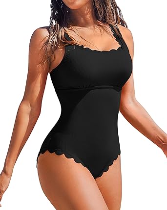 Photo 1 of Charmo Womens Scalloped Ribbed One Piece Swimsuits Retro Square Neck Modest Bathing Suits
