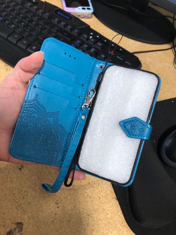 Photo 4 of Compatible with iPhone 12 Mini 5.4" Wallet Case,PU Leather Flip,Kickstand,Double Magnetic Clasp,Embossed Mandala Flower Lanyard Protective Soft PU Leather Cover,3 Card Slots,1 Cash Clip,Blue