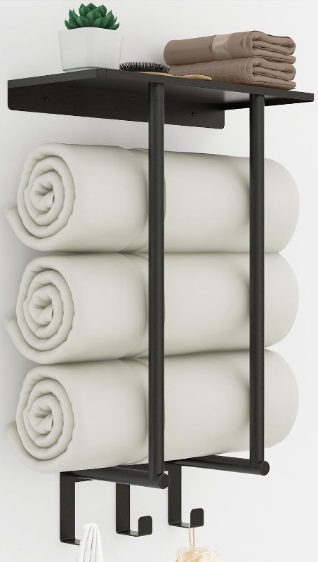 Photo 1 of Towel Rack with Metal Shelf and 3 Hooks for Small Bathroom, Towel Storage Wall Can Holds Up to 3 Large Size(63x40 inch) of Rolled Towels, Black