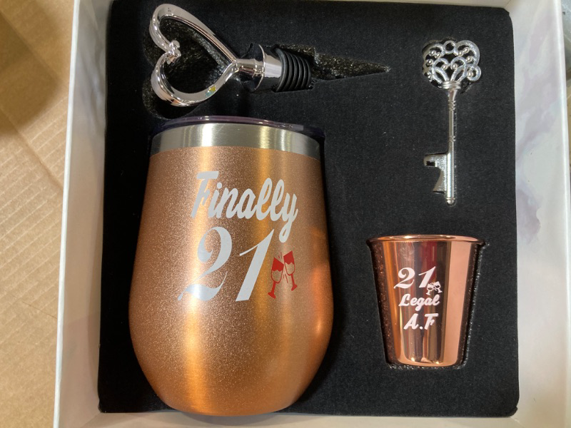 Photo 2 of 21st Birthday Gifts For Women, Funny Birthday Wine Gifts Ideas for Her, Friend, Daughter, Sister | Unique Finally 21 Stainless Steel Wine Tumbler Shot Glass Set For 21 Year Old