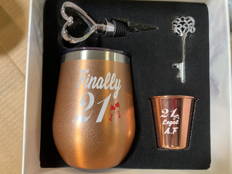 Photo 1 of 21st Birthday Gifts For Women, Funny Birthday Wine Gifts Ideas for Her, Friend, Daughter, Sister | Unique Finally 21 Stainless Steel Wine Tumbler Shot Glass Set For 21 Year Old