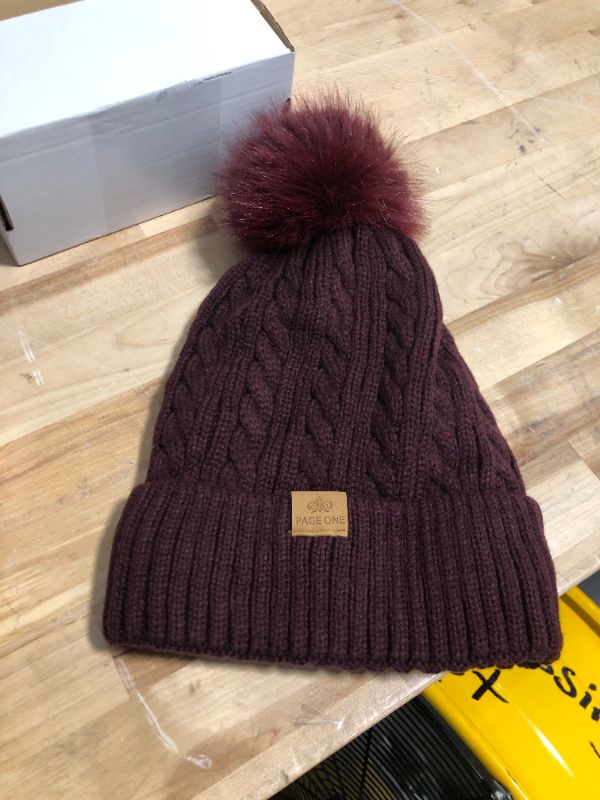 Photo 1 of PAGE ONE Women Winter Pom Pom Beanie Hats Warm Fleece Lined, Chunky Trendy Cute Chenille Knit Twist Cap Wine Red-1
