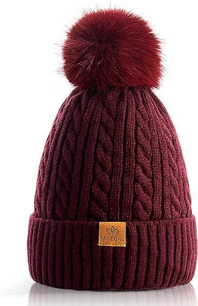 Photo 1 of PAGE ONE Women Winter Pom Pom Beanie Hats Warm Fleece Lined, Chunky Trendy Cute Chenille Knit Twist Cap Wine Red-1