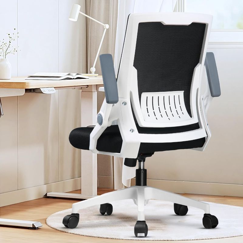 Photo 1 of COMHOMA Computer Desk Chair, Ergonomic Office Chair with Flip-up Armrests Foldable Mesh Task Chair with Wheels Adaptive Lumbar Support Swivel Tilt Comfortable Study Chair for Student, White