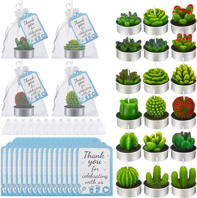 Photo 1 of 18 Pcs Succulent Cactus Candles Bulk Succulent Candle Scented Tealight Candles Succulent Decorative Tealights 20 Thank You Gift Tag 20 Organza Bags for Gifts Party Favors Baby Shower (Green Card) ***sample doesn't have green color option***