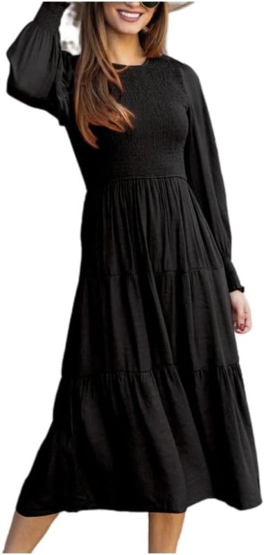 Photo 1 of Dress Long Sleeves Crew Neck High Waist Pleated Elastic Cuff Solid Color Retro Sleeves Women Midi Dress for Party XL SIZE