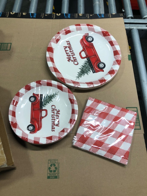 Photo 2 of Christmas Paper Plates and Napkins, 11 Inch Christmas Dinnerware, 8.8 Inch Christmas Plates Disposable, Buffalo Plaid Red Truck Dinner&Dessert Paper Plates for Holiday Party Serve 18