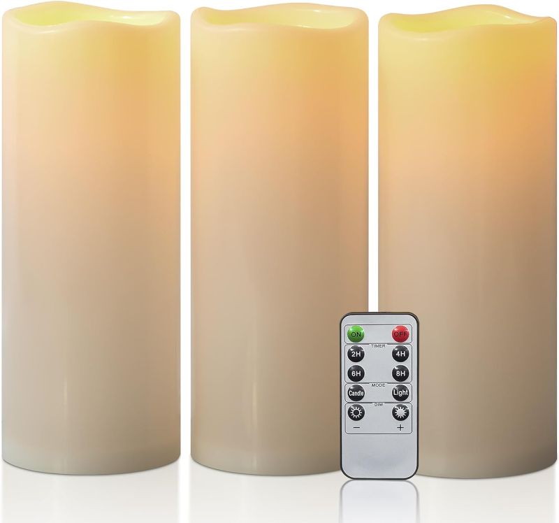 Photo 1 of 10” x 4” Waterproof Outdoor Flameless Candles Battery Operated LED Flickering Pillar Candles with Remote and Timer for Indoor Outdoor Lanterns, Long Lasting, Ivory Large, Set of 3

