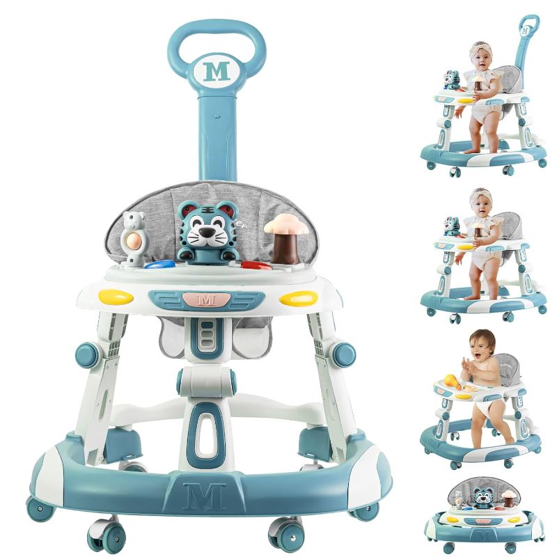 Photo 1 of Baby Walker, 4-in-1 Foldable Baby Walkers and Baby Activity Center with Toys Tray,3-Gear Height Adjustable Infant Toddler Baby Walker with Wheels for Baby Boys and Girls 6-24 Months(Blue)