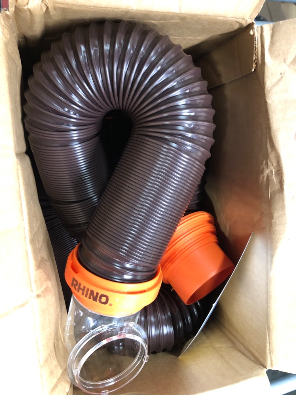 Photo 2 of *** MISSING PARTS***
 RhinoFLEX RV Sewer Hose Kit with Swivel Transparent Elbow and 4-in-1 Dump Station Fitting, Brown, 15 Feet (39770) 15ft Sewer Hose Kit Frustration-Free Packaging