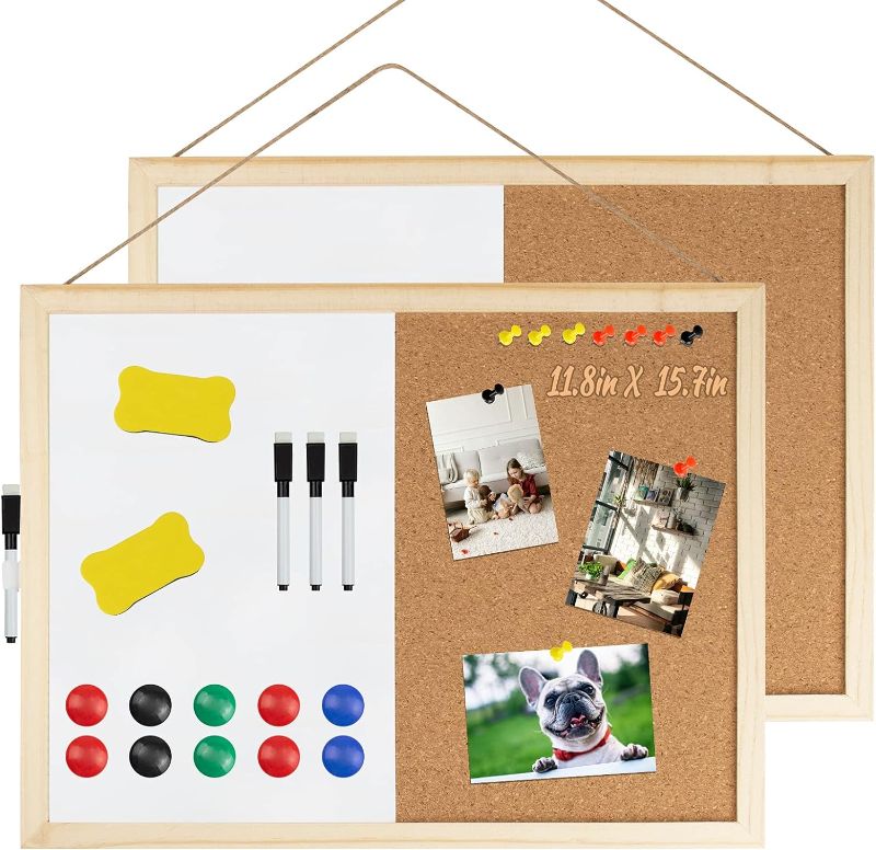 Photo 1 of 2 Pack Magnetic White Board and Cork Board Combo, 12 x 16” 2 In 1 Hanging Corkboard Dry Erase Board for Wall, Decorative Bulletin Board with 4 Markers, 2 Eraser, 10 Magnet, 10 Push Pin for Home Office
