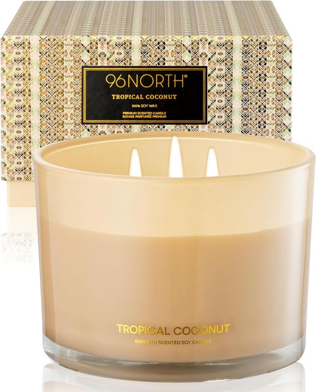 Photo 1 of **READ NOTES BEFORE PURCHASING ITEM** 
96NORTH Luxury Coconut Soy Candle | Large 3 Wick Jar Candle | Up to 40 Hours Burning Time | Tropical Beach Scented Candles for Home | 100% Natural Soy Wax | Housewarming Gift for Women and Men
