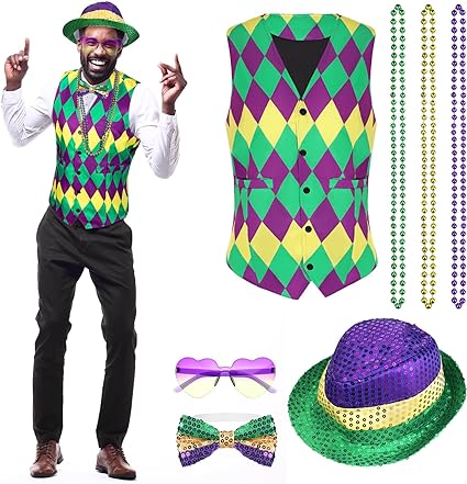 Photo 1 of Sintege 7 Pcs Men's Mardi Gras Costume Accessories Mardi Gras Vest Hat Sequin Bow Tie Sunglasses Necklace for Carnival Cosplay Mardi Gras Outfit for Masquerade, 1920 Retro Party, New Orleans Wedding