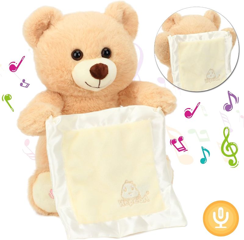 Photo 1 of Hopearl Peek A Boo Bear with Security Blanket Interactive Repeats What You Say Plush Teddy Bear Toy Musical Singing Talking Stuffed Animal Adorable Electric Animate Birthday Festival, Beige, 11''
