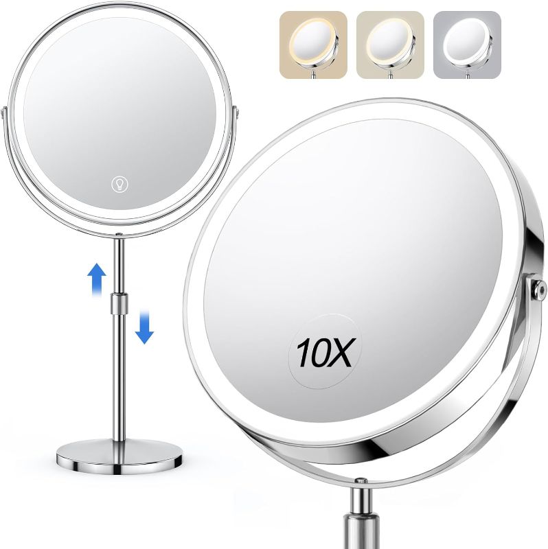 Photo 1 of 10x Large Lighted Makeup Mirror, Rechargeable 8" Height Adjustable Vanity Mirror, 1x/10x Magnifying Mirror with 3 Color, Brightness Adjustable, 360° Rotation Double Sided Mirror, Gift for Women ***SIMILAR ITEM***