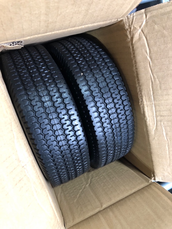 Photo 2 of 2 PCS 10" Solid Flat Free 4.10/3.50-4 Rubber Tires and Wheels Replacement with 5/8'' Axle Bore Hole, Air less Wheel for Wheelbarrow/Wagon/Trolley/Garden Utility/Lawn Mowers/Generators etc.