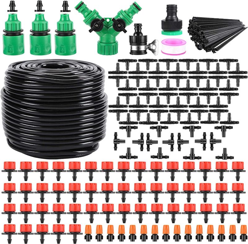 Photo 1 of 180 Pcs Drip Irrigation Kit, Garden Irrigation System 1/4" Blank Distribution Tubing Watering Drip Kit Automatic Irrigation Equipment for Garden Greenhouse, Flower Bed,Patio,Lawn (164FT)
