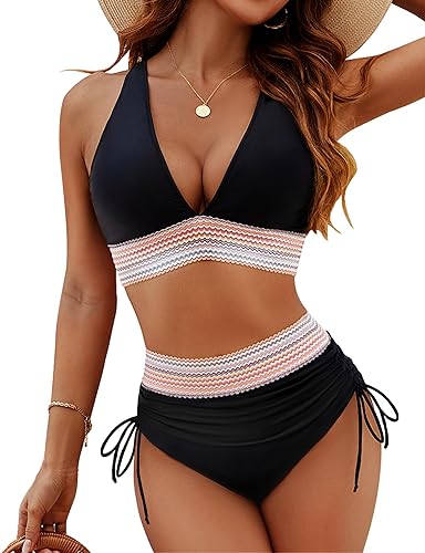 Photo 1 of Blooming Jelly Women High Waisted Bikini Sets Tummy Control Swimsuits Color Block Two Piece Drawstring Bathing Suit LARGE SIZE