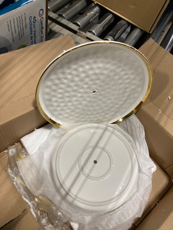 Photo 1 of ***DAMAGED***
 Set of 2 Porcelain Cupcake Stand Ceramic Dessert Stand Tiered Serving Trays with Gold Rod, 3 Tiers and 2 Tiers Cake Stand Party Serving Trays Fruit Pastry Holders for Wedding and Party