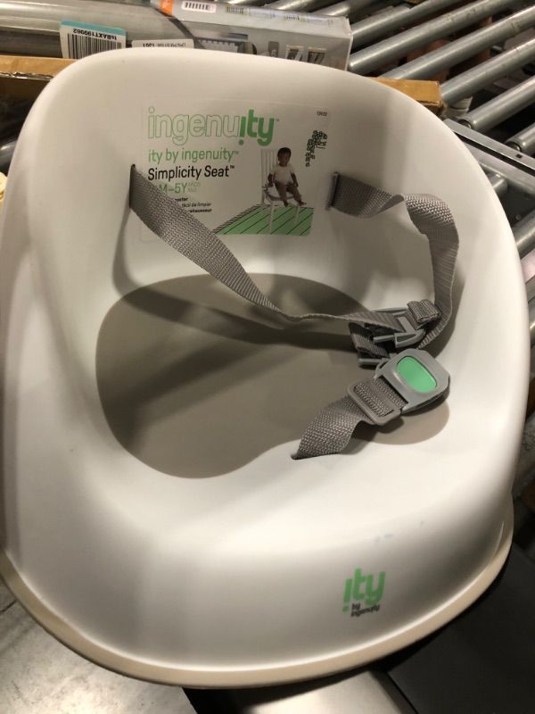 Photo 2 of *** MISSING A SAFETY STRAP***** BY INGENUITY SIMPLICITY SEAT EASY-CLEAN BABY BOOSTER FEEDING CHAIR, 3-POINT HARNESS, WASHABLE REMOVABLE STRAPS - GREY WHITE/GREY****USED*** 
