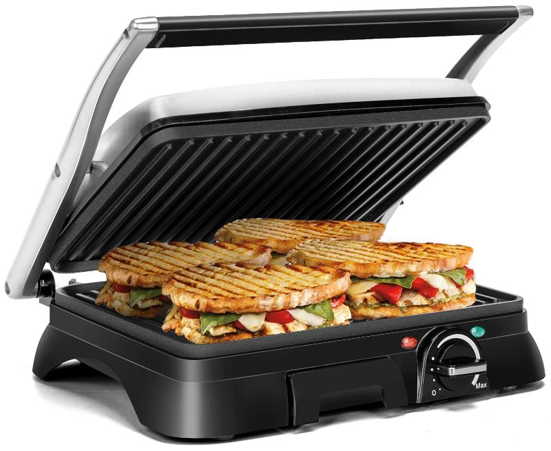 Photo 1 of ***CAN BE USED FOR PARTS ONLY*** ELECTRIC PANINI PRESS, AIGOSTAR 4-6 SLICES TEMPERATURE CONTROL SANDWICH MAKER, PANINI PRESS GRILL WITH REMOVABLE DRIP TRAY, OPENS 180 DEGREES NON-STICK COATED PLATES, 11.6" X 9.3" STAINLESS STEEL - 4 SLICES ***BROKEN HANDL