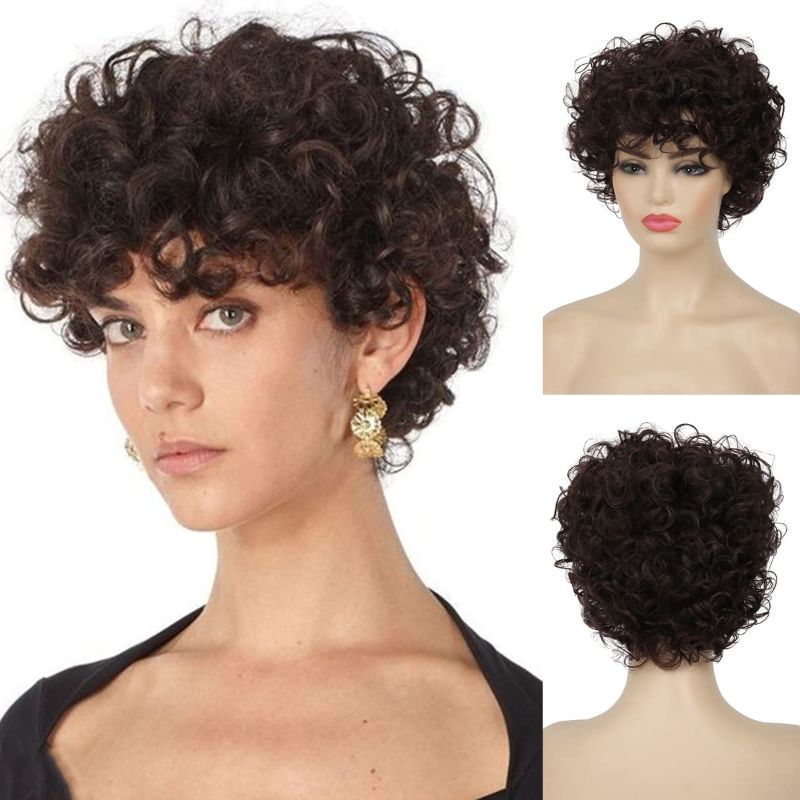 Photo 1 of BARUISI SHORT CURLY BROWN WIGS FOR WOMEN NATURAL LOOKING SYNTHETIC BROWN COSPLAY HAIR WIG DARK BROWN
