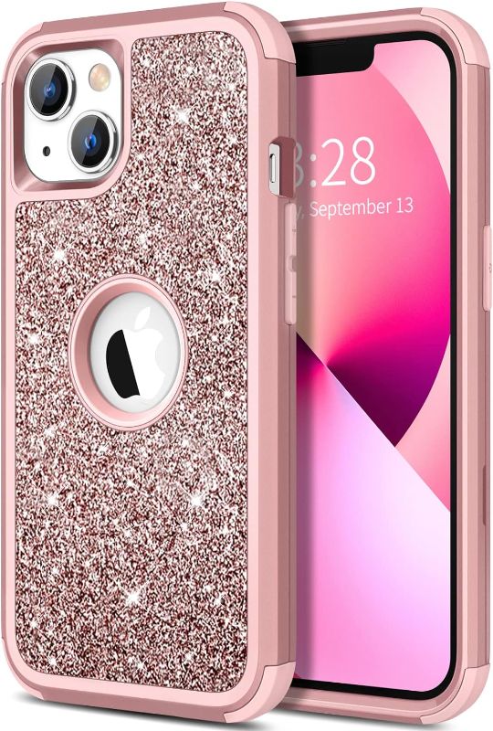 Photo 1 of Case for iPhone 13 Case Glitter, Cute Sparkly Shiny Bling Sparkle Cover, Heavy Duty 3 in 1 Hybrid Hard PC Soft TPU Bumper Full Body Shockproof Protective Phone Cases for Women Girls, Rose Gold