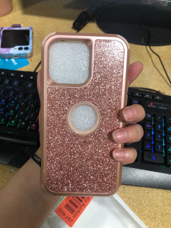 Photo 3 of Case for iPhone 13 Case Glitter, Cute Sparkly Shiny Bling Sparkle Cover, Heavy Duty 3 in 1 Hybrid Hard PC Soft TPU Bumper Full Body Shockproof Protective Phone Cases for Women Girls, Rose Gold