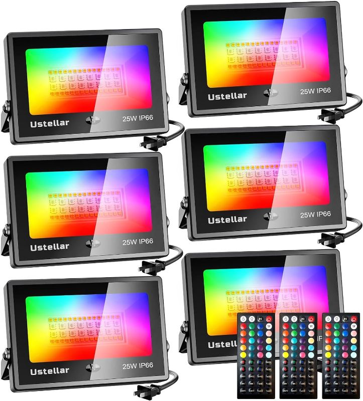 Photo 1 of Ustellar 6 Pack 25W LED Flood Light 250W Equivalent Color Changing RGB Floodlight Indoor Outdoor Spotlight Warm White 2700K Remote IP66 Waterproof Uplighting Event Wedding Christmas Party Strobe Stage