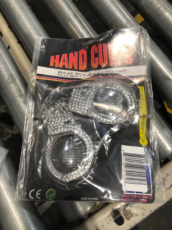 Photo 2 of Fake Silver Metal Handcuffs With Keys- Halloween Police Costume Prop - Rhinestones Gems - Cop Hand Cuffs Accessory