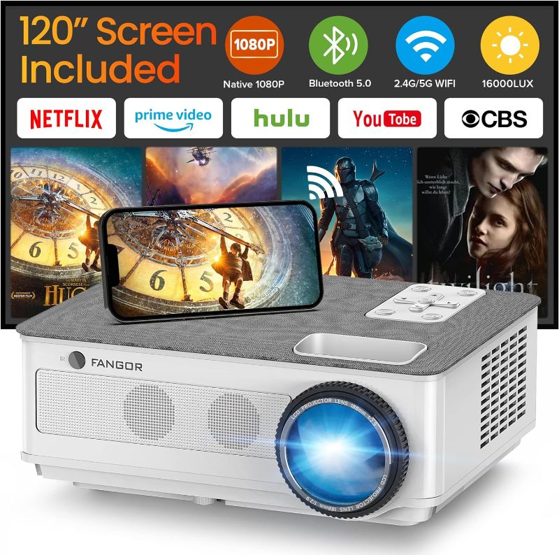 Photo 1 of FANGOR 5G WiFi Bluetooth Projector 1080P Native, 16000L 450ANSI Outdoor Projectors [Projector Screen Included],300" Display 4K Support Home Movie Proyector Compatible w/ iOS/ Android/XBox/PS4/TV Stick