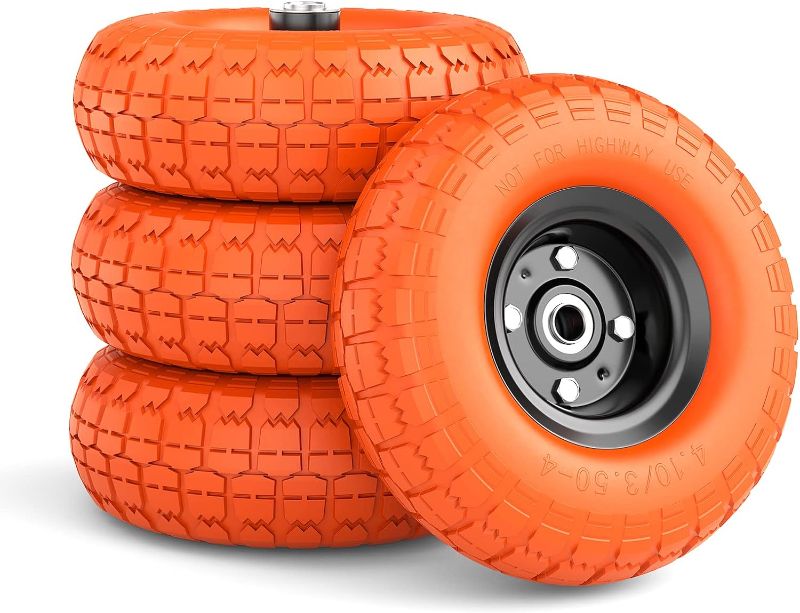 Photo 1 of 4.10 3.50-4 Tire and Wheel, 10 Inch Flat Free Tires 4 Pack with 5/8” Axle Bore Hole and Double Sealed Bearings, for Dolly Tires/Hand Truck Tires/Dump Cart Tires